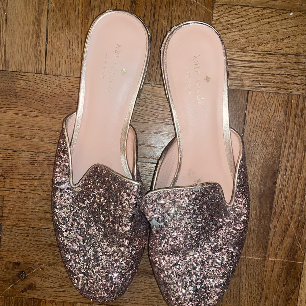 Kate Spade Pink Glitter Mules with Gold Leather Detail